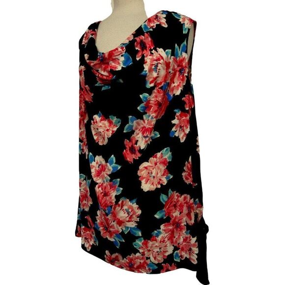Ellen Tracy Black Tropical Floral Draped Neck Side Tie Sleeveless Top 2X  NEW - Picture 1 of 11